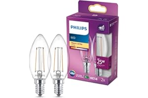 ‎PHILIPS LIGHTING Philips LED Classic E14 Lampe, 25 W, Kerzenform, klar, warmweiß, Doppelpack
