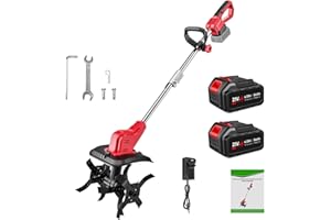 OUOAENR Electric Tiller, 21V Electric Garden Rotavator with 2 × 4.0Ah Battery, 4 Blades, Double Roller, LED Display ＆ Double Safety Switch, 30CM Working Width and 22CM Depth, for Gardening ＆ Cultivating