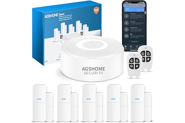 AGSHOME Alarme Maison sans Fil Intelligent WiFi - Alarme de Porte, 1 Alarme avec Sirène, 5 Capteurs de Fenêtre et de Porte, 2 Télécommande, Compatible avec Alexa, Google Assistant