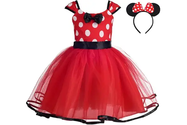 Lito Angels Disfraz de Minnie Mouse para Niña con Orejas de Ratón Aro de Pelo, Vestido de Tul Tutu con Lunares de Fiesta Cumpleaños Carnaval, Rosa Caliente/Rosa/Rojo