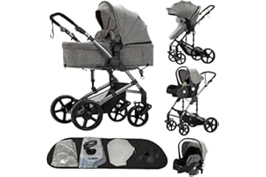 DZIRANAM Passeggino 3 in 1,passeggino reversibile,telaio triangolare e doppia sospensione a molla,chiusura con un clic per neonati e bambini piccoli(grigio)