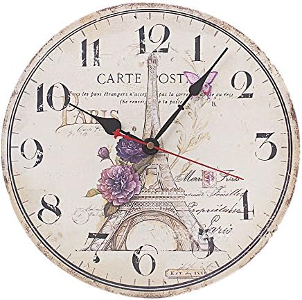 Jinberry 12" (30cm) Vintage Silent Sweep Round Wooden Wall Clock / Shabby Chic Antique Rustic French Country Clock, No Tick Retro Style 12 Inch Clock