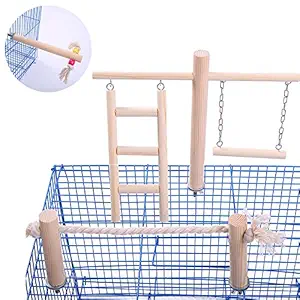 QBLEEV Parakeet Perches Outside Cage, Bird Swing Conure Toys Table Cage Top Play Stand Parrot Climbing Ladder Rope Perches Stands Chewing Wood Play Gyms Playground for Cockatiel Lovebirds Finches