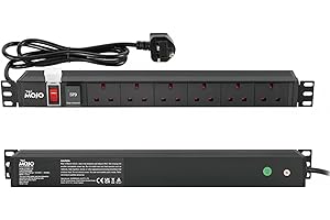 Tecmojo 6 Way 19'' Rack Mount PDU 13A Switched Power distribution Unit, Wall Mountable, Surge Protection, Aluminum Alloy With UK Plug, 2M Cable