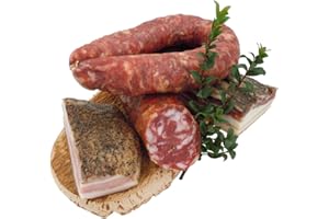 Panier de charcuterie italienne Salumi Murru 1 - Saucisse sarde, salami sarde, pancetta poivrée, guanciale et un plateau en liège