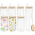 LATERN 8Pcs Sublimation Glass Cans, 520ml Frosted Sublimation Beer Can Borosilicate Glasses Tumbler Mason Jar Mug Cups with Bamboo Lids & Reusable Straw - for Juice Soda Coffee Iced Drinks
