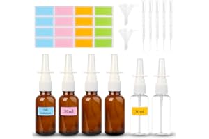 NVGVUP Butelka z rozpylaczem do nosa, 6 sztuk, pusta, 30 ml, butelka z rozpylaczem do nosa, wielokrotnego użytku, z lejkiem, pipetami, etykietami, do roztworu soli fizjologicznej, perfum, olejków