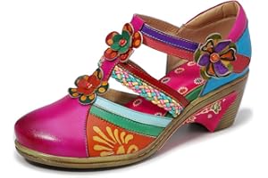 CrazycatZ Damen Leder Mary Jane Halbschuhe Blockabsatz Bunte Schuhe Jahrgang Halbschuhe