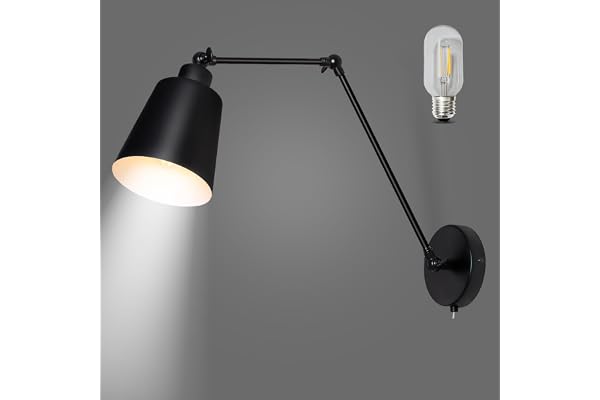 MantoLite Applique murale noire réglable avec douille E27 et interrupteur Applique murale avec bras Convient pour les salons, les bureaux, les chambres à coucher, les cuisines (ampoule incluse)