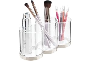 mDesign Pojemniki do przechowywania akcesoriów do makijażu – trzy pojemniki na pędzle kosmetyczne, błyszczyki itd. Przezroczysty/szczotkowane srebro.