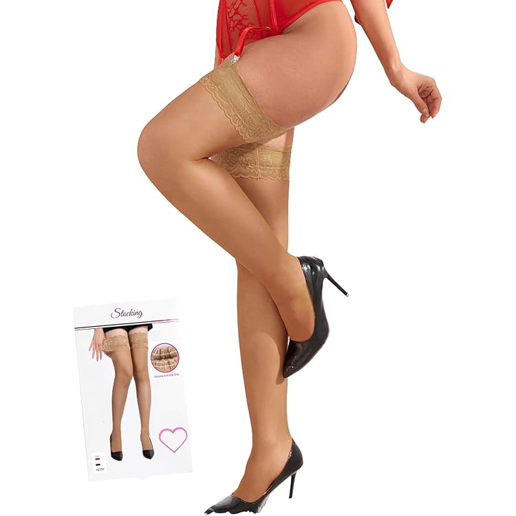 ohyeahlady Zelfklevende panty voor dames, sexy, nylon, XS-5XL, kousenband met siliconen, grote maat, netpanty, net, kant, overknee, elastisch, in doos, Zwart, 3XL-5XL