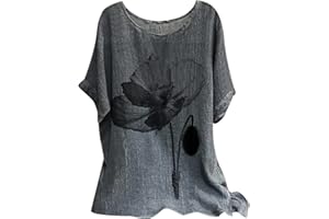 NUSGEAR 2024 Camiseta de Manga Corta Mujer Moda Algodón y Lino Camisa Flores impresión Cómodo Verano Suelto Cuello Redondo Tops Casual T-Shirt Original Basic tee Transpirable Blusa Ligero