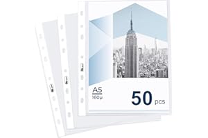 Agoer Lot de 50 Pochettes Plastique A5 Perforée 160 microns, Pochettes Transparentes avec Ouverture sur le Dessus, Pochette en Plastique A5 pour Protection de Fichiers Photos Documents