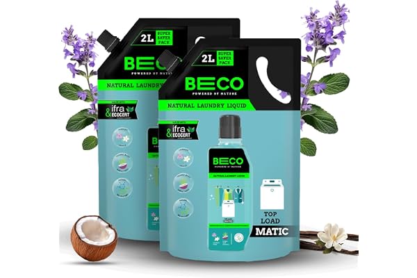 Beco Natural Liquid Detergent Top Load - 4L Refill Pack Tough Stain Removal Lavender & Vanilla Freshness Retains Brightness & Shine Chemical Free Top Load Washing Machine Detergent Liquid