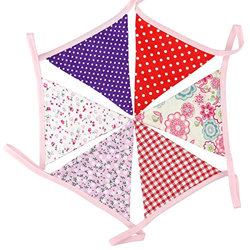 Fabric Bunting, Ndier Pink Flag Banner Vintage Floral Party Decor 32 Feet Double Sided Triangle Pennant Flag Shabby Chic Decoration for Valentine's Day Wedding Birthday Ceremony
