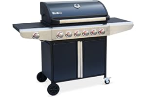 Alice's Garden - Barbacoa a gas - Cocina exterior 6 quemadores + 1 fogón lateral con estantes y termómetro, almacenamiento y ruedas - Bazin 6