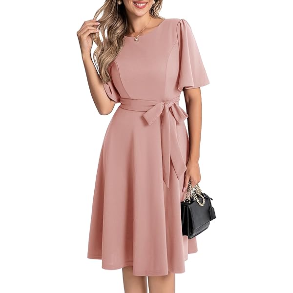 GRACE KARIN A-lijn jurken voor vrouwen UK elegant, Rundhals jurk met korte mouwen en zakken, zakelijke casual jurk bruiloft, Zwart, S