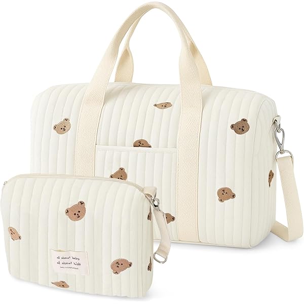 HICARRY Grote luiertassen voor onderweg borduurwerk baby capaciteit, puffy katoenen reistas schattige draagtas babytas Mommy Bag, bloem, L: 48 cm, B: 26 cm, H: 22 cm