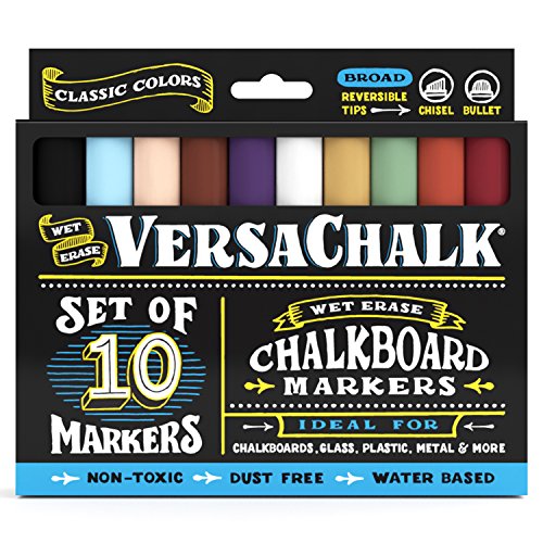 Pennarelli a Gesso Liquido di VersaChalk - Colori Classici (Confezione da 10) - Privi di Polvere, A Base D'Acqua, Non Tossici - Pennarelli con Inchiostro Cancellabile a Umido