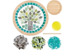 WEBEEDY DIY Mosaic Craft Kit Mosaic Bamboo Coasters Kits for Adults Beginner, Blue Glass Mosaic Tiles with Round Coaster Tray for Handmade Mosaic Coaster Plate Home Decor Gift, 5.91x0.71"