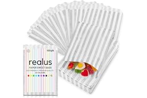 Silver Paper Sweet Bags Premium 5 x 7” | REALUS 100pk Small Empty Sweets Bag | MADE IN BRITAIN | Retro Candy Stripe Sweetie Bags – Perfect for Kids Party, Pic n Mix Shop, Wedding Favours, Popcorn