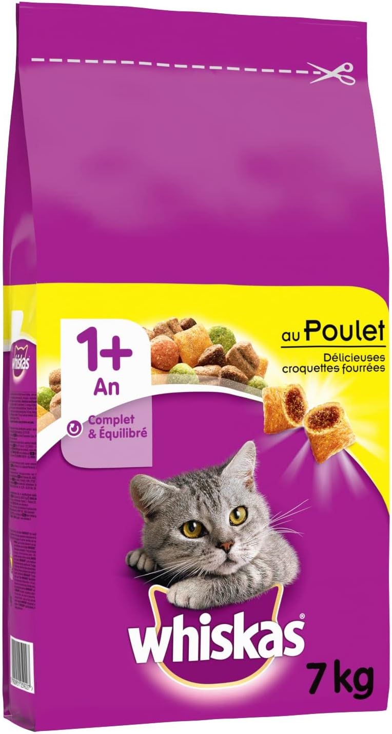 Whiskas Adult 1+ Croquettes pour chats au poulet, 7 kg (1 sachet) – Nourriture sèche de qualité supérieure pour chats adultes à partir de 1 an