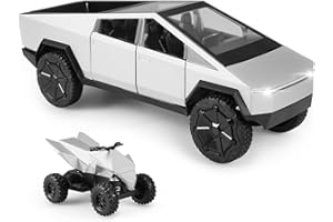 TOPRON Tesla Cybertruck-Modellauto: 1:24 Spielzeug-Trucks aus Druckgussmetall mit Licht und Ton, Mini-Fahrzeugspielzeug für Jungen ab 3 Jahren(Silber, Ausgestattet mit Strandmotorrad)
