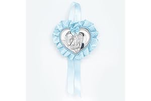 Albalù Italia Sopraculla Medaglione Cuore Sacra Famiglia Argento Celeste con Carillon Musicale e Scatola Inclusi Misura 25x12cm Made in Italy