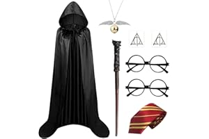 JSTHHTT Set costume da mago 11 pezzi, Costume da Mago per Bambini, Bacchetta Magic, Kit Cosplay Mago Magico, Halloween Occhiali Neri Rotondi Occhiali Senza Lenti, per Halloween Carnevale Feste Cosplay