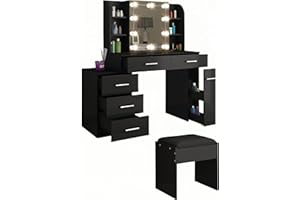 QUQQQUU Schminktisch mit LED-Beleuchtung & Spiegel - 10-stufige Helligkeitsstufen, 6 Schubladen + 6 Ablagen, inkl. gepolstertem Hocker (Schwarz)