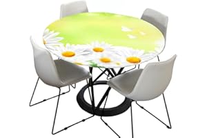 CHICKWIN-SHOP Tischdecke Abwaschbar Rund 70cm, Elastisch Lotuseffekt Tischdecke Outdoor 3D-Druck Weiß Tischdecken Daisy Table Cloth für Garten Restaurant, Ideal für 50cm-60cm
