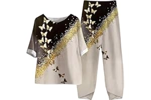 VEMOW Conjunto Chandal Mujer Primavera y Verano Traje de Dos Piezas de Lino Algodón Camiseta con Mangas de 1/2 y Pantalón Pijamas Mujer Vestir Fitness Mujers Conjunto Suelto de Cintura Alta S-5XL