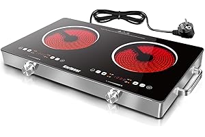 Karinear Plaque Vitrocéramique 2 Feux Portable avec Poignée, Plaque Electrique Camping, 650℃ Max, Plaque de Cuisson 2 Feux with Prise VDE, Sécurité Enfant, Indicateur de Chaleur Résiduelle, 220-240V
