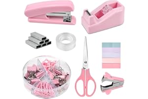 EUIEUT Büroartikel Set Schreibtischzubehör Rosa Büromaterial Office Supplies 8 Kit mit Heftgerät, 1000 Heftklammern, Heftklammerentferner, Haftnotizen, Klebebandabroller, Klebeband, Schere, Clips
