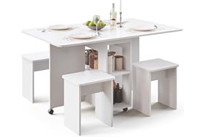 Mondeer Essgruppen, Klappbarer Esstisch mit 4 Stühlen, Esstisch Set mit Rollen und 2 Offenen Ablagen, für Kleine Räume Esszimmer Küche, 120 x 80 x 80 cm, Weiß