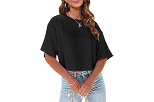 Tankaneo Damen Crop Tops Kurzarm T-Shirts Sommer Fitness Oversize Oberteile Crew Neck Bauchfrei Sportshirt