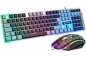 JUSTOP USB Wired Keyboard and Mouse Set, Luminous LED Lights, Full Size Slim Keyboard, LED Gaming Mouse, Game or Business, UK Layout, For PC, Laptop, Windows And Mac, PS4, PS5, Xbox One, etc (Retro)