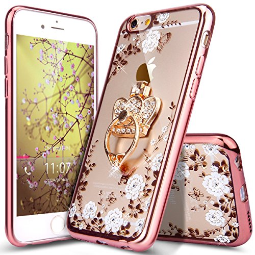 iPhone 6S Plus Hülle,iPhone 6 Plus Hülle,ikasus® TPU Silikon Hülle Schutz Handy Hülle Case Tasche Etui Bumper Crystal Case Hülle für Apple iPhone 6S / 6 Plus (5,5 Zoll) [Phone Ständer Holder] Durchsichtig mit Glänzend Glitzer Kristall Strass Diamanten Blumen Muster Überzug Plating Bumper Stoßdämpfend Transparent TPU Silikon Schutz Crystal Durchsichtig Schutzhülle Handyhülle Schale Etui Protective Case Cover - Rose Gold Weiße Blumen mit Strass-Steinen Krone Ring-Ständer