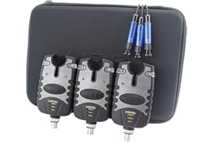 Hirisi Tackle Carp Fishing Bite Alarm and 3 Swingers in Zip Pocket Red Blue Green