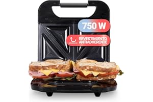 UNIVERSALBLUE Sandwichera Grill Doble 750W Potencia | Placas Antiadherentes, Temperatura Regulable 140-210ºC | Acero Inoxidable, Luz Indicadora, Recogecables | Para 2 Sándwiches, Garantía 3 Años