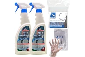 FEI FAN SET PULIZIA: Detergente Spray VIA MUFFA Rh. Sbianca Le Macchie Nere Di e Igienizza Muri, Piastrelle, Fughe, 750ml + 1 Confezione Spugna Magica + 100pz Guanti HDPE Monouso (2 Flaconi + Spugna + Guanti)