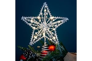 MELEAGER Estrella de Árbol de Navidad Plata, Topper con LED Lentejuelas Brillantes, Base Espiral, Adorno Navideño para Hogar, Fiesta, Salón, Jardín (20 x 25 cm)