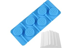 WishesMar Moules à Sucettes en Silicone 6 Cavités Forme de Rainure de Spirale Livré avec 50 Bâtons - Fabrication de Sucettes Antiadhésif de Cuisine Moule pour Popcakes, Chocolat, Bonbon, Cake Pops