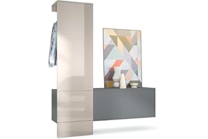 ‎VLADON Vladon Garderobe Carlton Set 4, Made in Germany, Wandgarderobe aus Deko-Paneel & Hängeschrank für Schuhe, Anthrazit matt/Sandgrau Hochglanz (156,5 x 193 x 35 cm)