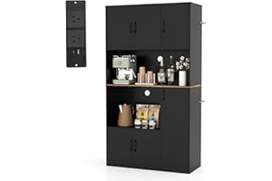 COSTWAY 180cm Tall Kitchen Cupboard, 6-Door Buffet Pantry Storage Cabinet with Built-in Power Outlet & Anti-tipping Device, Freestanding Sideboard Organizer Unit for Dining Room Living Room (Black)