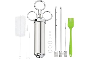 Yuepin Seringue Alimentaire de Cuisine 60ml en Acier Inoxydable avec 3 Aiguilles de Marinade et 2 Nettoyeurs d'aiguilles, 6 Anneaux de Rechange en O, 1 Pinceau en Silicone