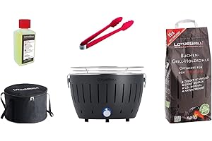 LotusGrill S Small Kompakt Starter-Set Anthrazitgrau der raucharme Holzkohlegrill mit 2,5 kg Buchenholzkohle, 200 ml Brennpaste, 1x Zange (Farbe nach Vorrat), 1x Tasche Stromversorgung USB-Powerbank