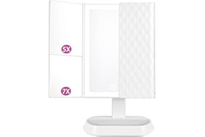 Auxmir Specchio Trucco con Luci 60 LED, Specchio Ingranditore Pieghevole 7X/5X/1X, Luminosità Regolabile, 3 Colori, Interruttore a Tocco, Rotazione 90°, Ideale per Trucco, Rasatura e Lenti Contatto