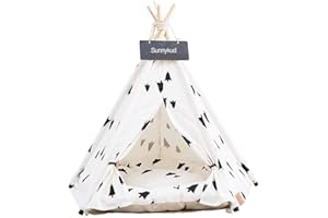 Sunnykud Tipi Zelt für Haustiere Hundezelt Katzenzelt Haustierzelte Häuser mit Kissen Abnehmbar und Waschbar Haustierbett Wegklappen Haustier Hundebett Katzenbett (S:40x40x50cm, Schwarzkiefer)
