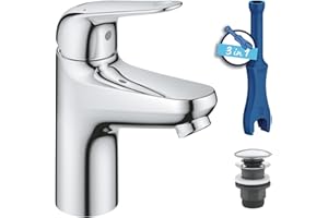 GROHE Swift, Waschtischarmatur, wassersparend (Wasserhahn für das Bad, Badarmatur mit Pop-Up Ablauf, 16cm hoch, mit 3in1 Werkzeug, einfache Installation am Waschbecken), chrom, 24318001